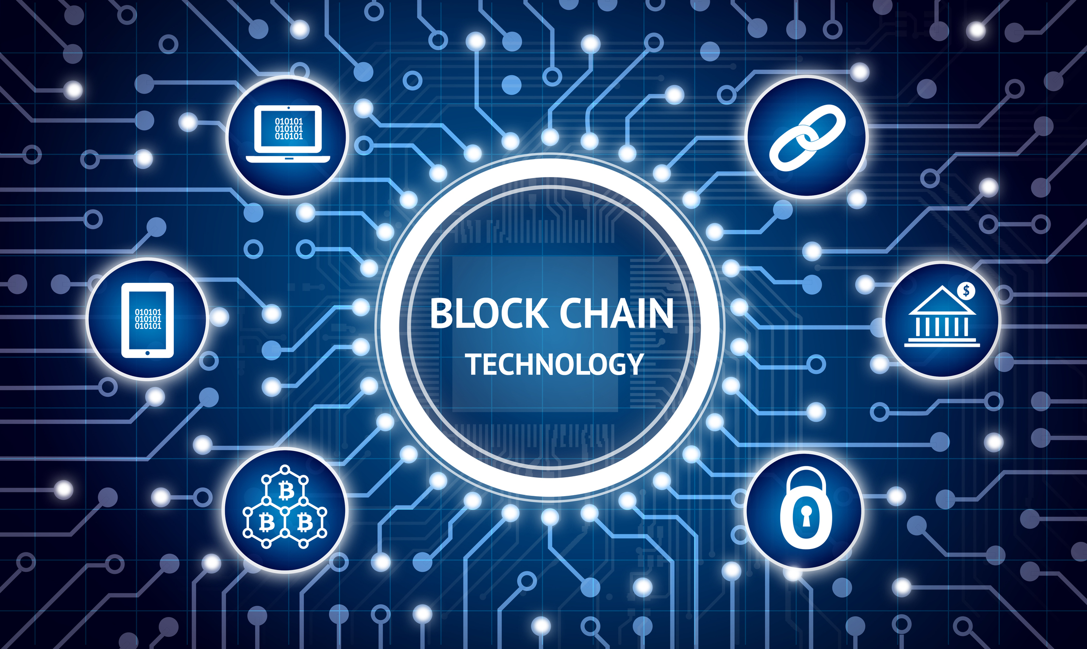 Blockchain , Distributed ledger technology , bitcoin concept. Electric circuit graphic and infographic of Block chain , network connect , security , binary coded icons.