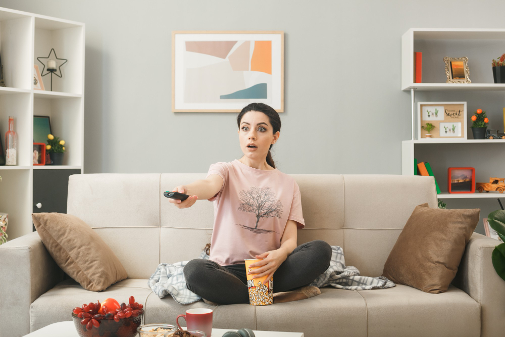 a girl sitting on a couch and watching tv