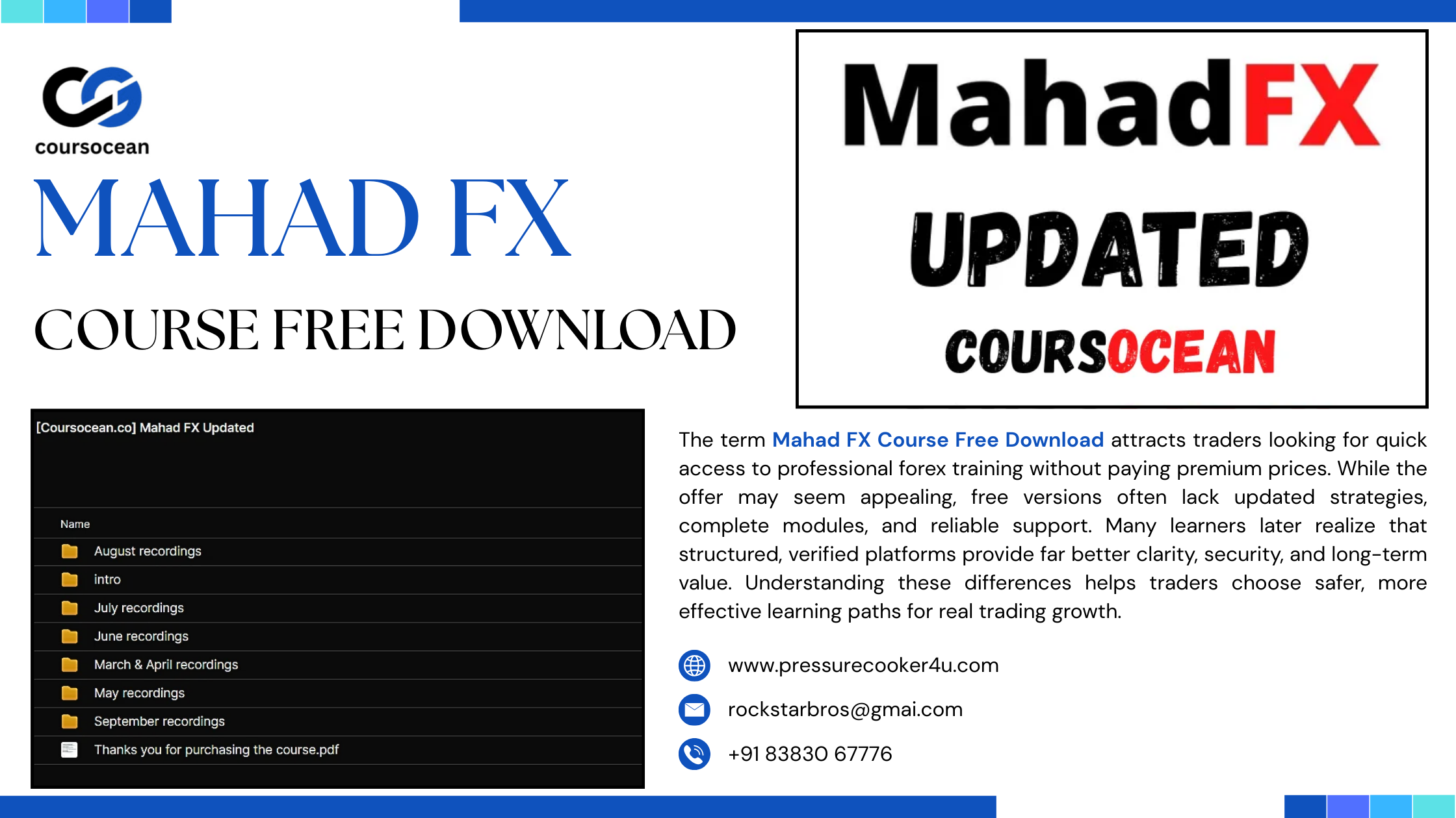 Mahad FX course free download promotional banner showing course folders list, MahadFX Updated branding, and website/contact details from CourseOcean.