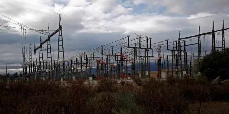 Large electrical substation with rows of tall metal transmission towers, insulators, and high-voltage lines under a cloudy sky, surrounded by dry grass and bushes.