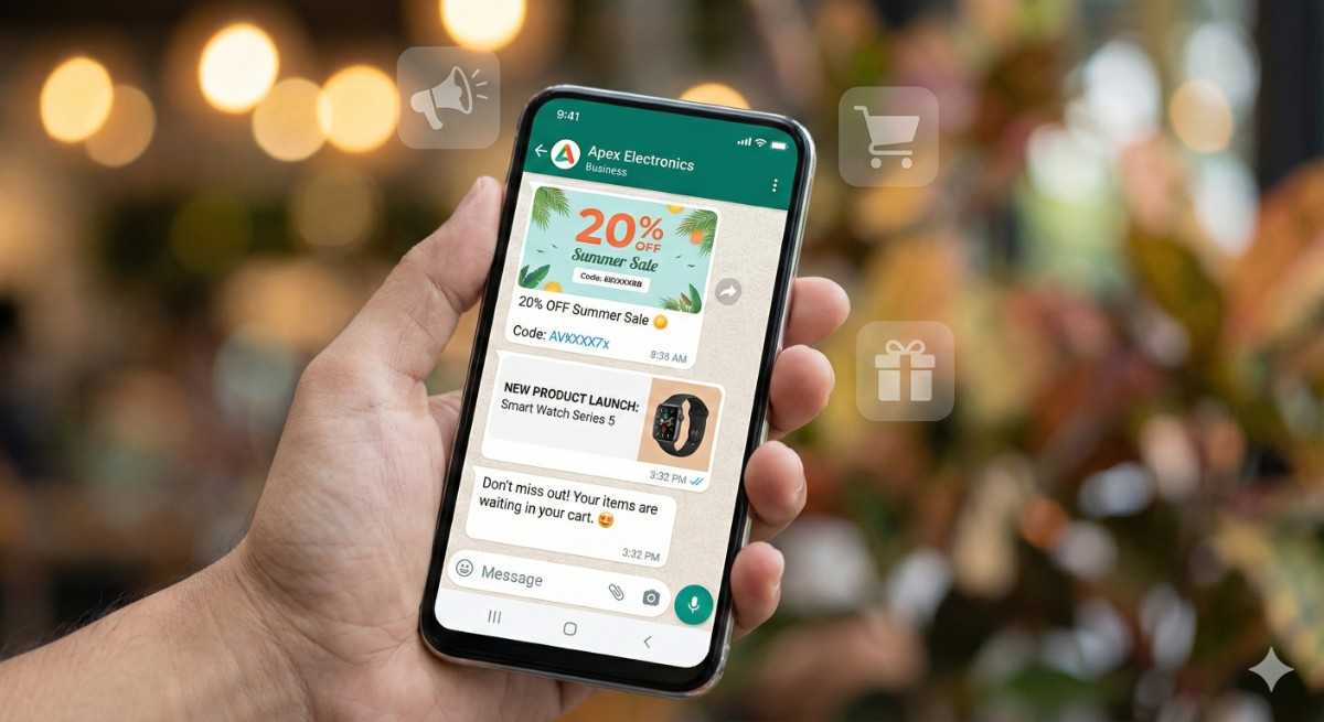 “A hand holding a smartphone displaying WhatsApp marketing messages for a discount offer, new product launch, and cart recovery, with soft bokeh background and floating marketing icons like a discount symbol, shopping cart, and ROI growth chart.”