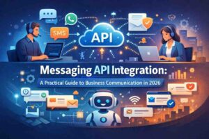 “Messaging API integration illustration showing SMS, WhatsApp, email, and chatbot communication for modern business automation.”